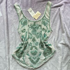 Embellished Beaded Sequined Green Sheer Sleeveless Tank Top